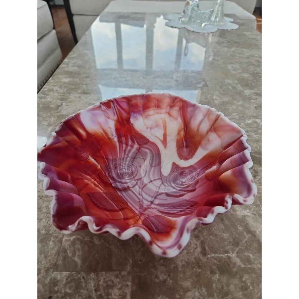 Vintage Imperial Red/orange/white Slag Glass Ruffled Dish With Embossed...